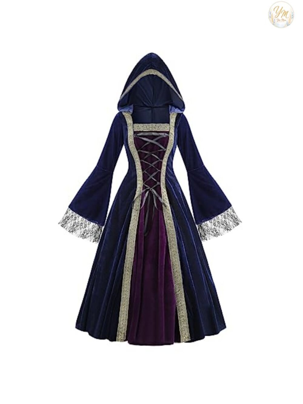 Medieval Renaissance Hooded Velvet Costume Dress Lace Up Long Sleeve Halloween